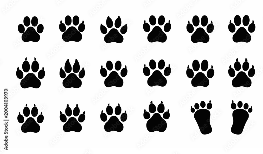 Fototapeta premium Paw print vector icon set with dog and cat footprint animal track symbols
