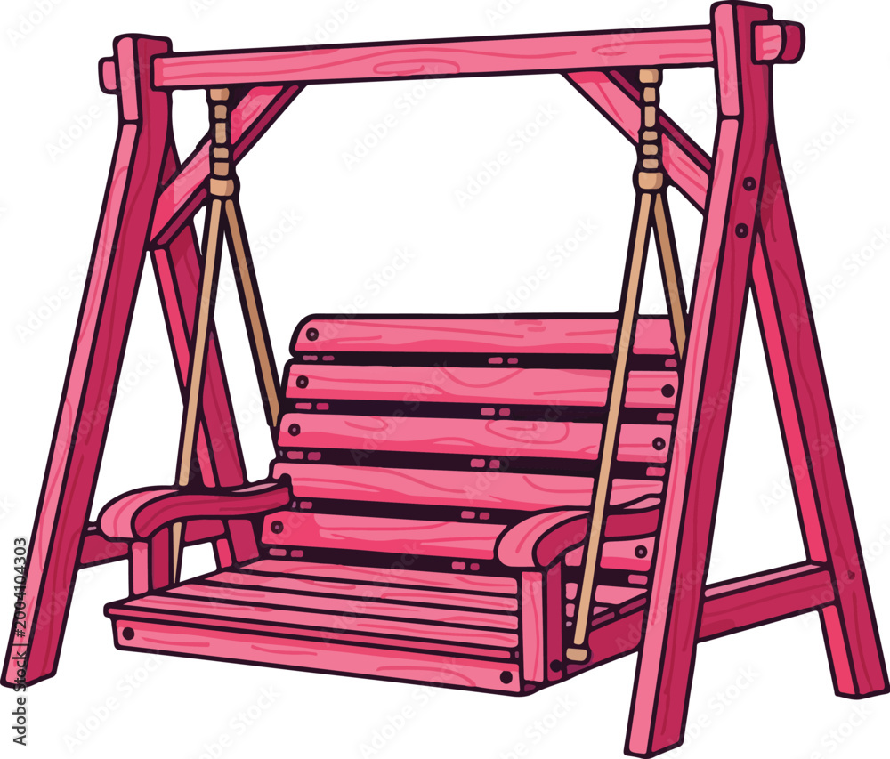 Fototapeta premium Outdoor Pastel Pink Wooden Swing Bench with Armrests for Garden Relaxation Park vector illustration