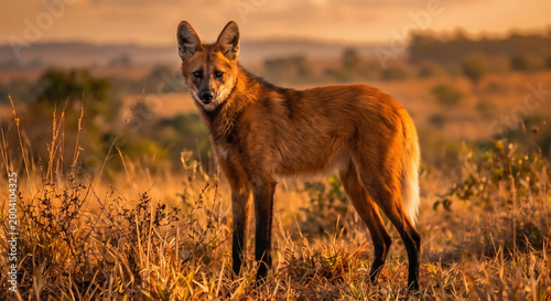 A majestic Maned wolf roam through the golden grass of the wilderness as canine predators in their natural safari ecology during a sunset