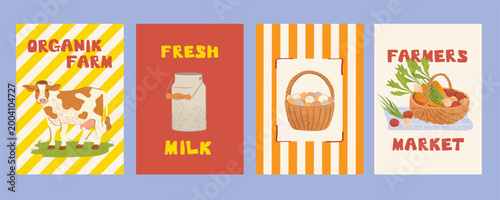 Rustic Countryside Food Poster Collection with Fresh Milk, Eggs and Farm Animal Themes