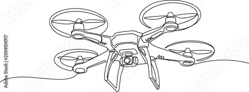 Continuous Line Art Drone Illustration. Minimalist Quadcopter with Camera.