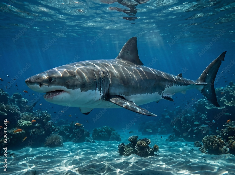 Fototapeta premium Great white shark swimming through clear blue ocean water