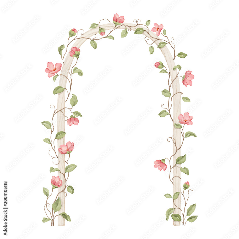 Naklejka premium Watercolor cute wooden arch with whimsical flowering climbing plant. Isolated design element for greeting or invitation wedding cards, cover or delicate background for your text. Hand-drawn print.