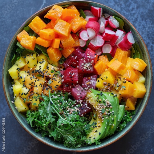 Vibrant Buddha bowl with colorful vegetables, avocado, kale, and seeds on a dark table