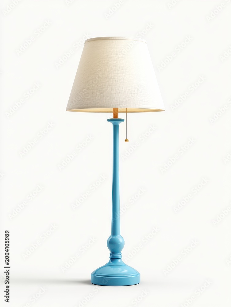 Obraz premium Classic Blue Metal Floor Lamp With White Textured Lampshade On White Background Studio Lighting
