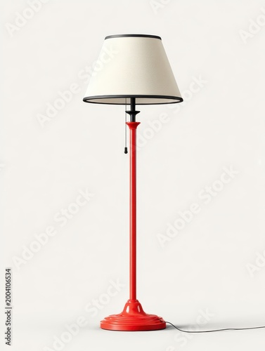 Classic Red Floor Lamp with Cream Lampshade and Ornate Base Isolated on White