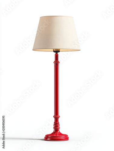 Classic Red Floor Lamp with Textured Cream Lampshade and Brass Accents Isolated on White Studio Background