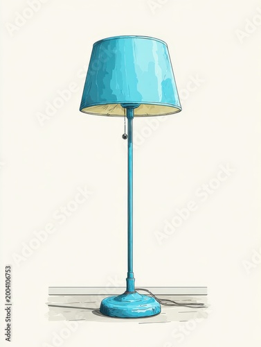 Classic Tall Floor Lamp With Teal Blue Drum Shade And Matching Base In Neutral Room
