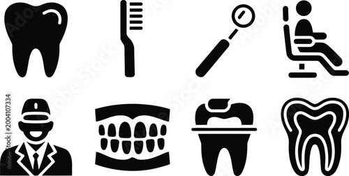 Essential dental healthcare icon set for professional clinical applications covering oral checkup tools and patient care services