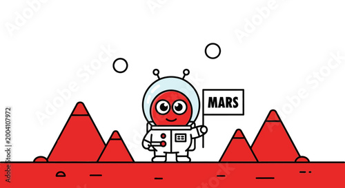 Bild auf Leinwand Cute alien astronaut holding Mars flag on red planet landscape