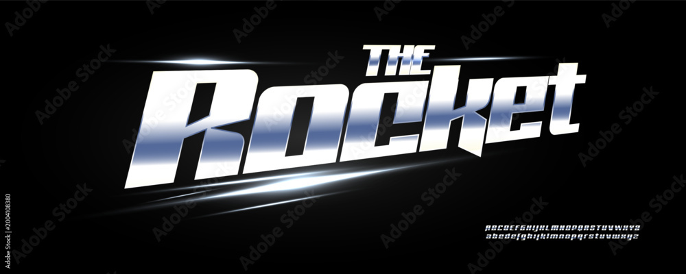 Fototapeta premium Metal Font Sport Logo Speed Race Alphabet English Letter Set Modern Typography, Power Car Racing Typographic Design for Title Text, Run Poster Headline, Sporty Typo Automotive Fonts. Vector Typeface