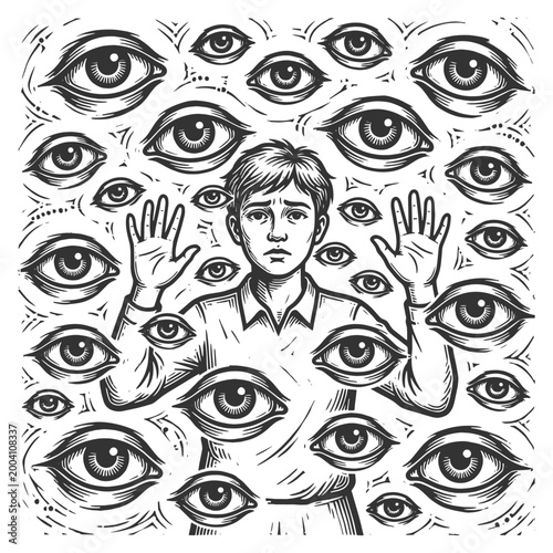 worried boy raising his hands while surrounded by many staring eyes, symbolizing surveillance and anxiety sketch engraving generative ai vector illustration. Scratch board imitation. Black and white.