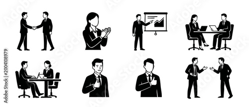 Business People Icons Set, Professional Corporate Actions and Office Communication Symbols, Isolated Black and White Vector Illustration Showing Handshake, Presentation, Meeting, Negotiation, and Succ