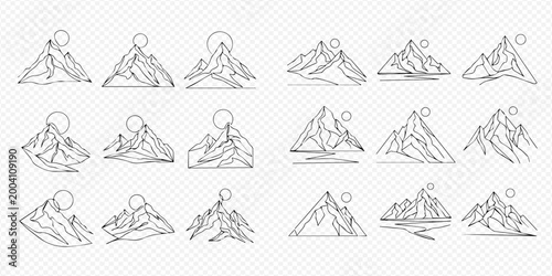 Set of minimalist mountain line art icons with sun, featuring various peaks and natural landscapes.