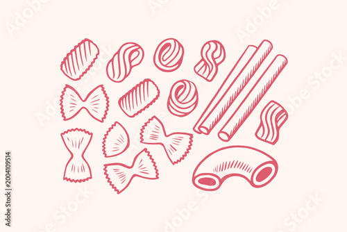 Obraz na plátně Collection of assorted dried pasta shapes illustration with hand drawn ingredien