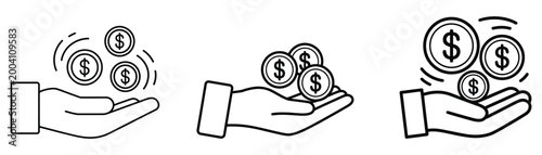 High quality vector of collection of hand icons with falling dollar coins.