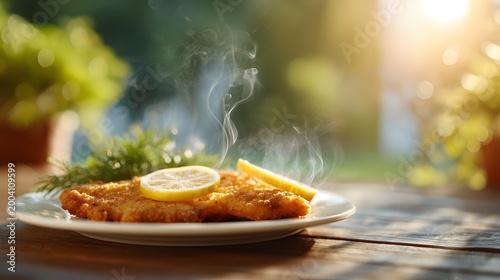 Wiener schnitzel served with lemon slice on outdoor table.