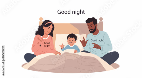 Family reading bedtime story with child and parents in cozy bedroom setting. Bedtime routine illustration featuring diverse parents and child. Concept for parenting blog, children’s book cover,