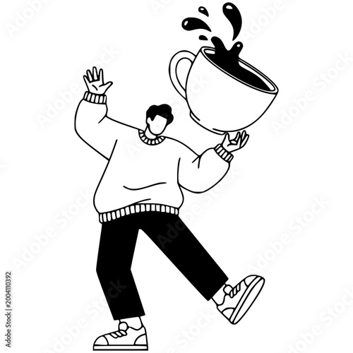 A person in a casual sweater balances a large coffee cup overflowing with liquid.