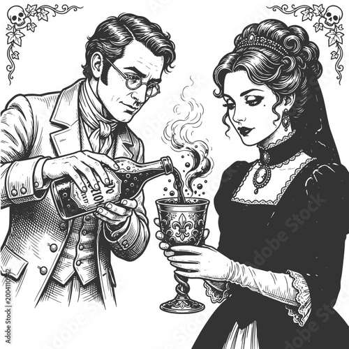 Victorian man pouring a smoking potion into an ornate goblet held by an elegant woman sketch engraving generative ai fictional character vector illustration. Scratch board imitation. Black and white.