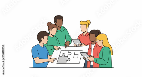 Team collaboration meeting with diverse professionals reviewing project documents on table. Flat vector illustration style for business presentations and office concepts.