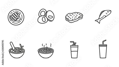 Fotografia Food Icon Collection: A set of simple line icons depicting various food and drink items, perfect for culinary and dietary themed projects