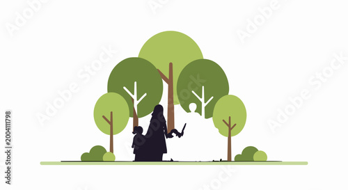 Silhouette of person standing among stylized green trees with raised arms, minimalist vector illustration. Flat design nature scene for environmental concept.