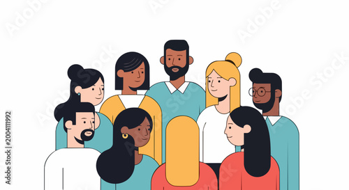 Diverse group of people smiling and talking in cheerful circle, flat vector illustration with clean lines. Concept for teamwork, collaboration, and unity in corporate or social settings.
