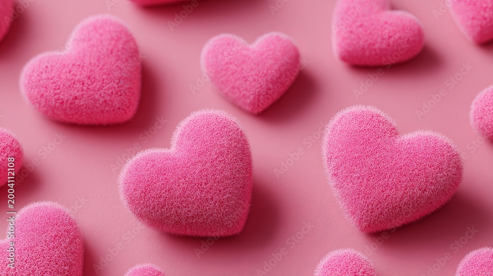 Obraz premium A close-up view of pink heart-shaped candies on a matching pink background