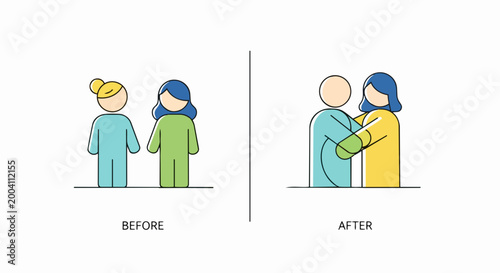 Vector illustration showing relationship progression before and after, depicting connection and closeness, ideal for social dynamics and personal growth concepts.