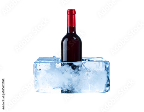Red Wine Bottle Encased in Ice Block