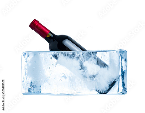 Red Wine Bottle Encased in Clear Ice Block