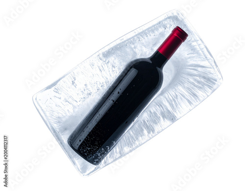 Red Wine Bottle Encased in Crystal Clear Ice Block