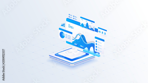 Isometric stock market data analyzing with magnifying glass, business analyzing digital stock market chart concept in blue digital style