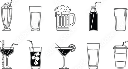 Vector Set of Beverage Icons Including Milkshake, Beer, Cocktail, Water, and Soft Drinks for Drink, Bar, and Beverage Designs