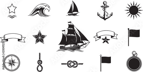 Sailing Ship Nautical Icon Set Anchor Compass Wave Outline Vector