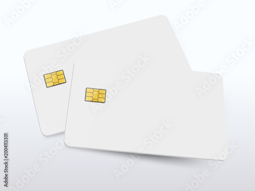 Blank Credit Card and SIM Card Mockup Set with Chip Detail, White Plastic Bank Card and Mobile Network Template, Minimal Fintech and Telecommunication Vector Illustration