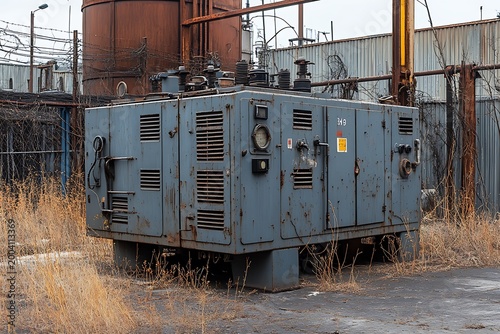 Industrial Transformer in Outdoor Setting, Rusting Metal, Distressed Equipment