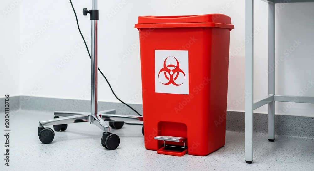 Fototapeta premium Red Biohazard Medical Waste Bin with Foot Pedal in Hospital Setting