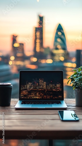 Laptop display reflecting city skyline, alongside coffee cup, phone and potted plant