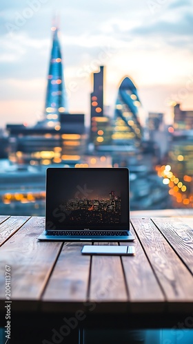 Laptop Displaying Cityscape with Smartphone on Wooden Table and City Skyline