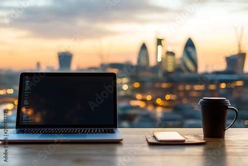 Laptop with code, coffee cup, cityscape, and blurred buildings in background