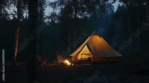 Lit Tent and Burning Campfire at Night in Forest with Adirondack Chair Nearby