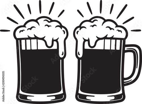 Two frothy mugs of dark beer clinking together in a celebratory toast, isolated on a white background, symbolizing friendship and good times.