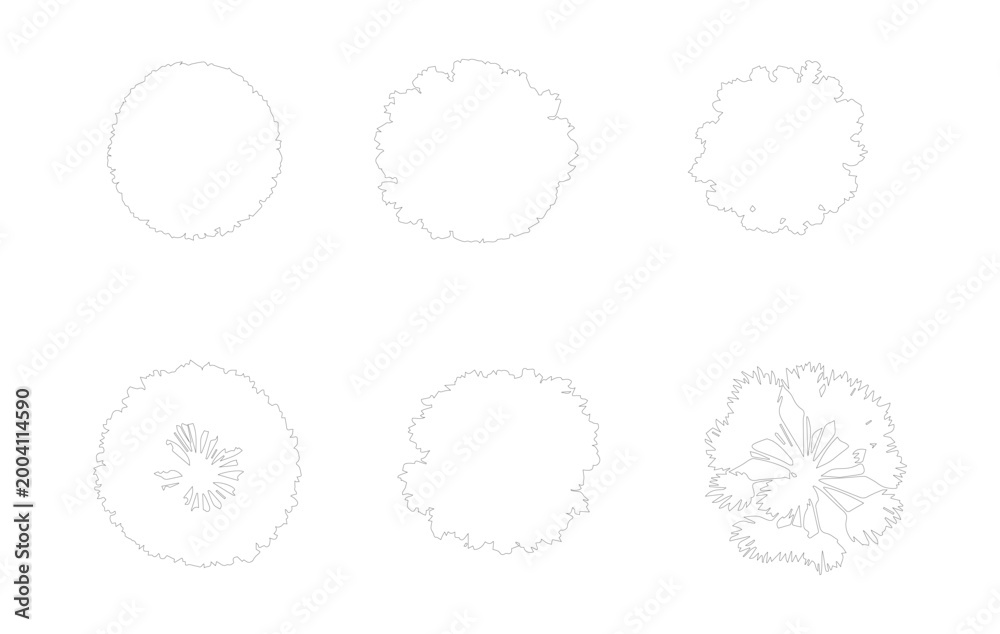 Obraz premium Minimalist tree top view vector set, architectural landscape symbols for site plans, 6 outline plant icons for garden design and master planning