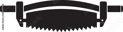 Heavy-duty black silhouette of a two-man crosscut saw, isolated on a white background, representing logging, woodworking, and manual labor.