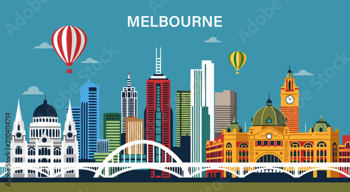 Colorful vector illustration of the Melbourne skyline with iconic landmarks and hot air balloons floating in the sky above buildings