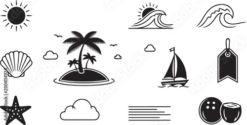 Tropical Island Beach Icon Set Palm Tree Wave Boat Outline Vector