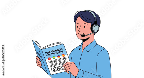 Man with Headset Reading Phrasebook for Travelers