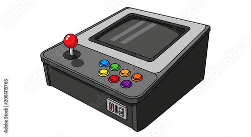 Retro arcade machine illustration with joystick and colorful buttons on white background